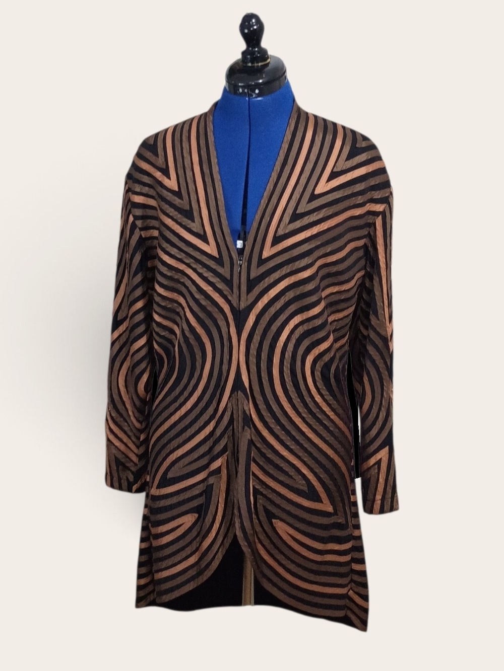 Brown & Black Patterned Zip-Front Stretch Long Blazer Jacket
